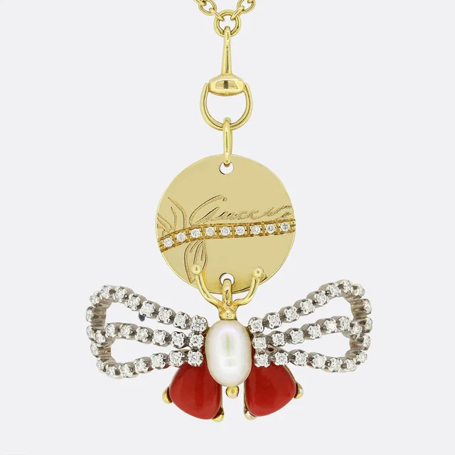 Gucci Diamond Coral and Pearl Bee Necklace from The Vintage Jeweller