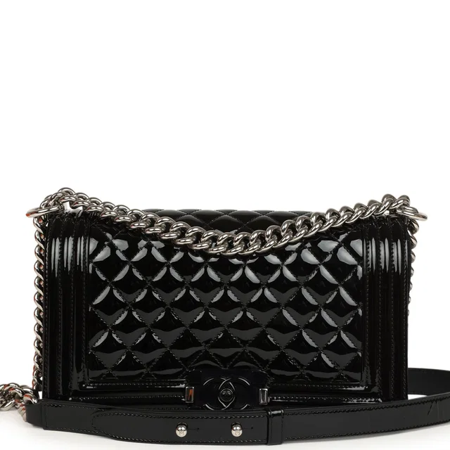 Chanel Medium Boy Bag Black Patent Silver Hardware in Black Patent leather from Madison Avenue Couture