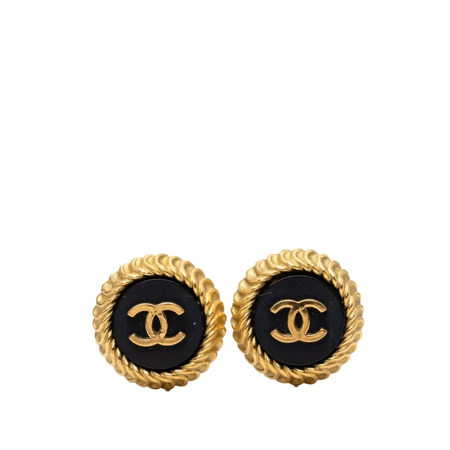 Gold Chanel CC Gold Plated and Enamel Round Clip On Earrings in Gold from Designer Revival