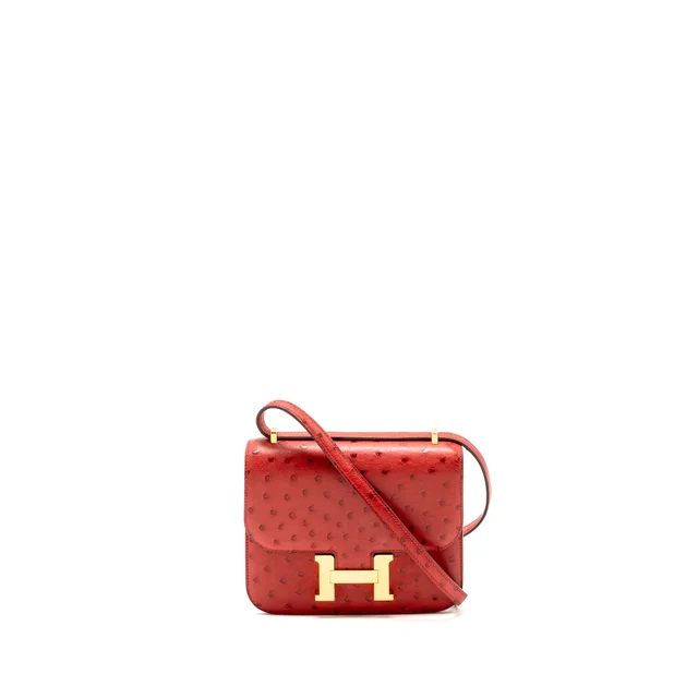 Hermès Mini Constance Ostrich Rouge Vif GHW Stamp A in Red Ostrich from EMIER