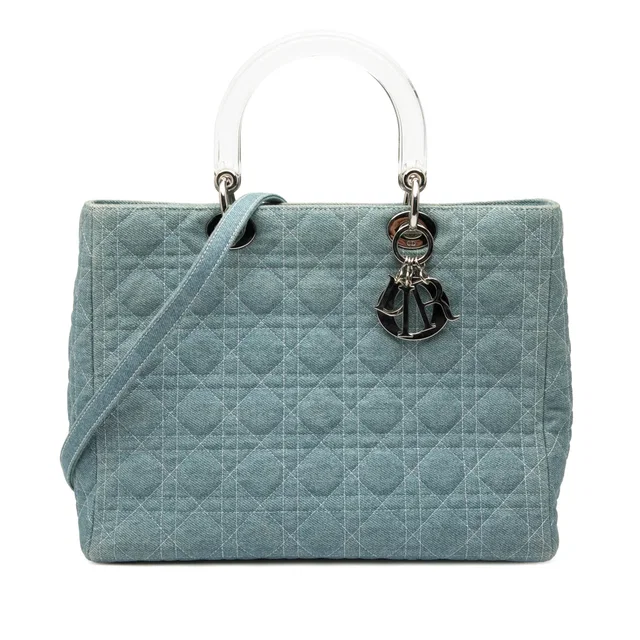 Blue Dior Large Denim Cannage Acrylic Handles Lady Dior Satchel in Blue Denim from Designer Revival