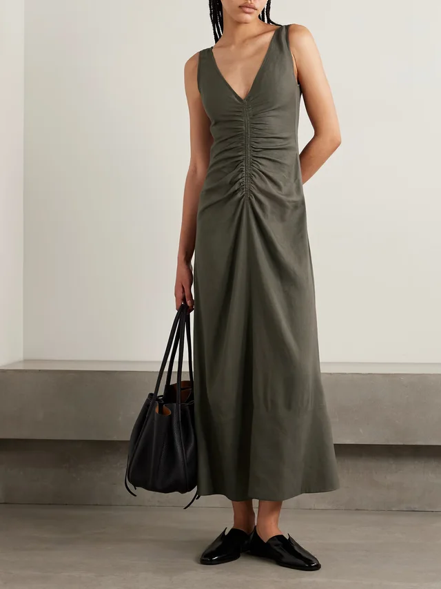 PROENZA SCHOULER Remi ruched organic linen-blend twill maxi dress in Green, photo 2 of 2 from NET-A-PORTER (Canada)