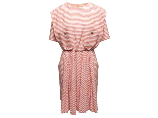 Pink & White Chanel Spring/Summer 2015 Striped Boucle Dress Size FR 38 in White from Designer Revival