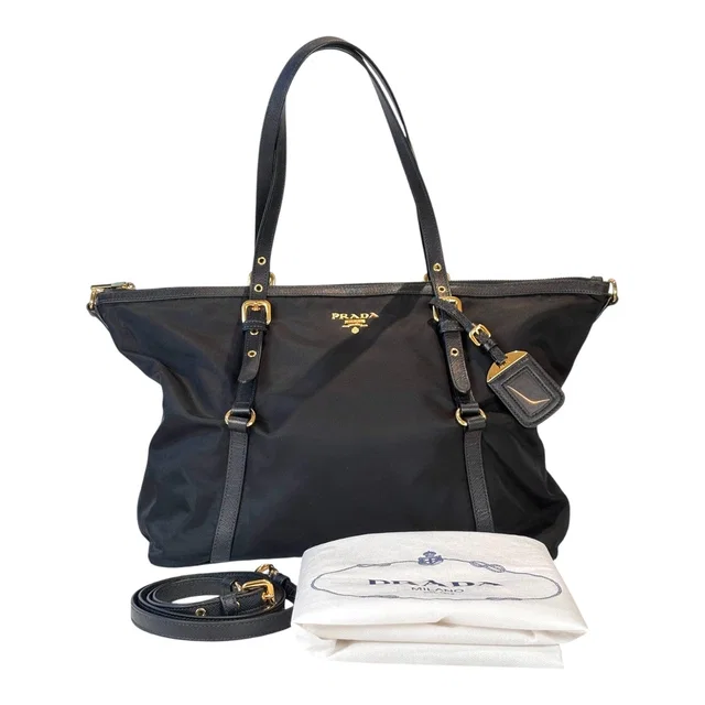 Prada Black Nylon Tote Bag with Strap in Black Nylon from Luxury Promise