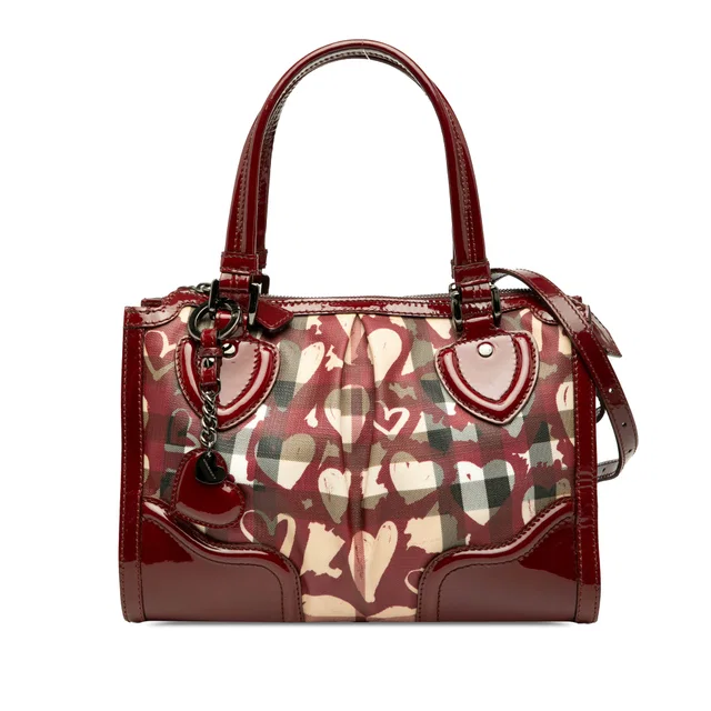 Brown Burberry Patent Trimmed House Check Coated Canvas Hearts Pilgrim Satchel in Brown Patent leather from Designer Revival