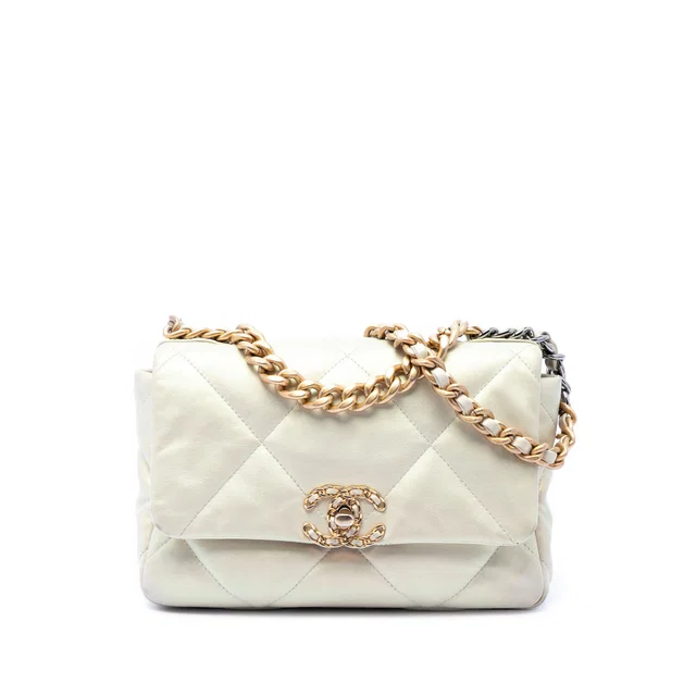 White Chanel Medium Iridescent Lambskin 19 Flap Satchel in White Lambskin from Designer Revival