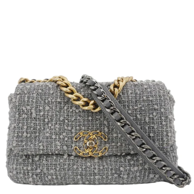 CHANEL 19 Flap Medium Quilted Tweed Shoulder Bag Gray in Grey Tweed from Dallas Designer Handbags