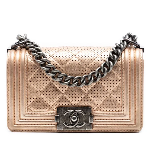 Pink Chanel Small Quilted Perforated Metallic Lambskin Boy Flap Crossbody Bag in Pink Lambskin from Designer Revival