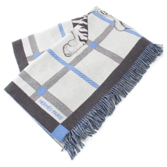 Hermès Tigre Altai 2 Wool Cashmere Plaid Jacquard Tiger Liga Blue in Blue Cashmere from The Reluxe