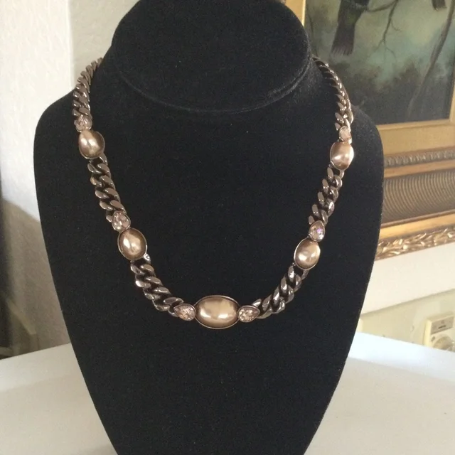 Givenchy Pearl And Crystal Station Curb Chain Necklace Bronze Euc in neutral|brown from Poshmark