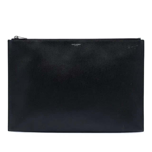 Black Saint Laurent Grain De Poudre Zip Document Holder Clutch Bag in Black Leather from Designer Revival