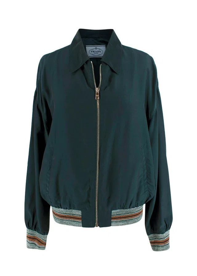 Prada Green Lightweight Bomber Jacket with Stripe Cuff Detail in Green from HEWI