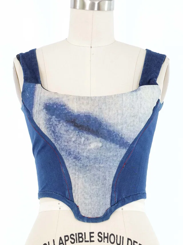 1992 Vivienne Westwood Marlene Dietrich Printed Corset in Multicolor Denim from Arcade Vintage