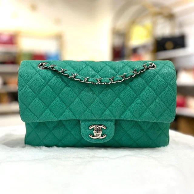Chanel Green Turquoise Caviar Leather Classic Double Flap Shw in Blue Caviar leather from Luxury Promise
