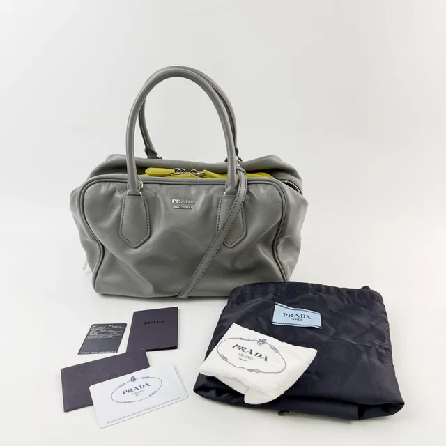 Prada Inside Soft Calfskin 2-Way Shoulder Bag Leather Gray Lime Green Silver in Green Calfskin from The Reluxe