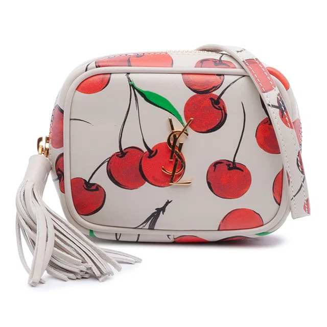 White Saint Laurent Baby Calfskin Monogram Cherry Printed Lou Camera Bag in White Calfskin from Designer Revival