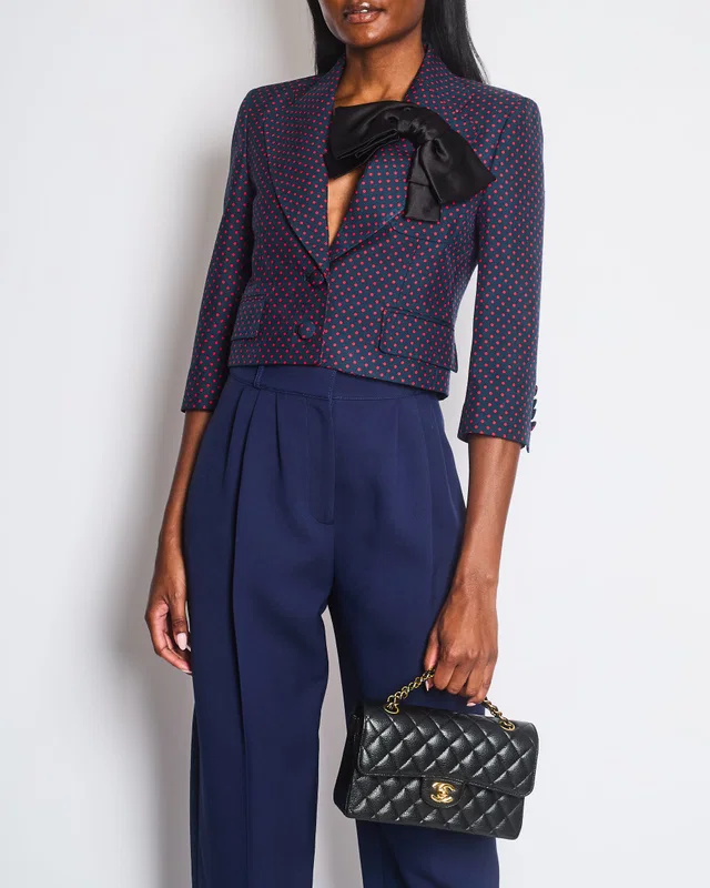 Valentino Garavani Navy Red Polka Dot Single Breasted Blazer Jacket with Large Bow Detail Size IT 38 (UK 6) in Red Silk from Sellier