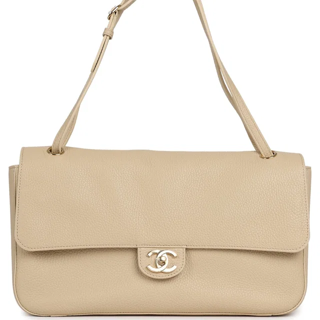 Chanel Maxi "Souplissimo" Small Flap Bag Light Beige Grained Calfskin Gold Hardware in Beige Caviar leather from Madison Avenue Couture