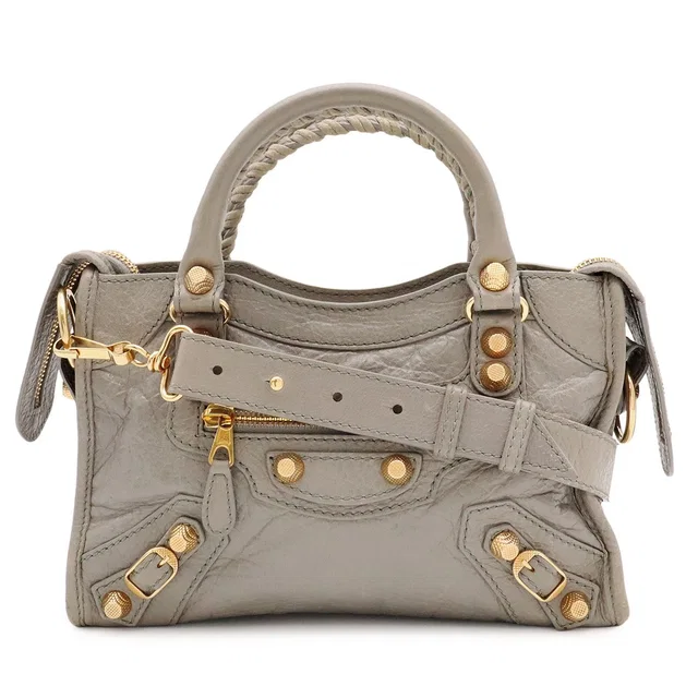 Balenciaga Giant Mini City 2-Way Shoulder Bag Leather Gray Gold in Grey Leather from The Reluxe