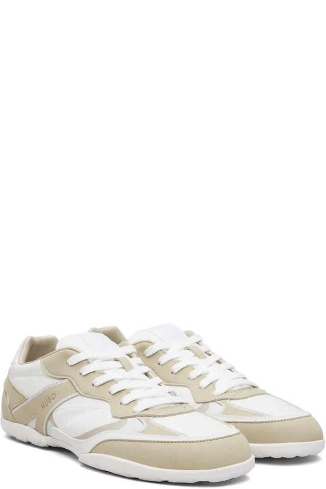 Hugo Off-White & Beige Mesh Faux-Leather Sneakers, photo 4 of 5 from SSENSE