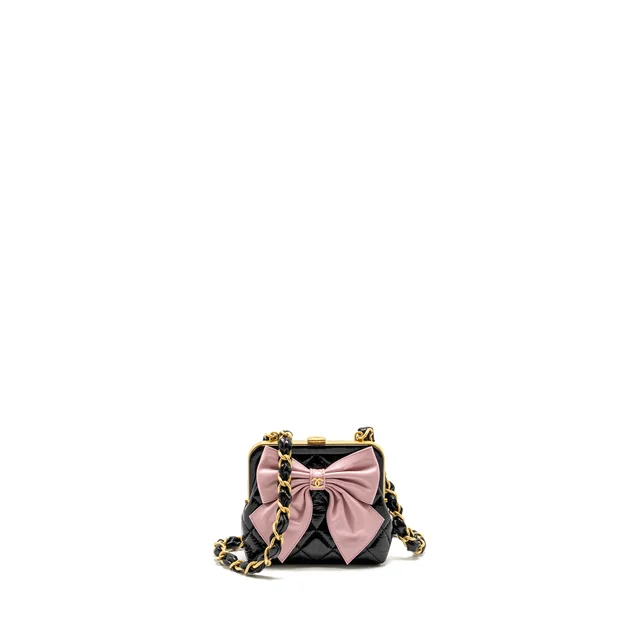 Chanel 24A Bowknot Clutch With Chain Patent Crumpled lambskin/Shiny Lambskin Black/Pink GHW (Microchip) in Black Lambskin from EMIER