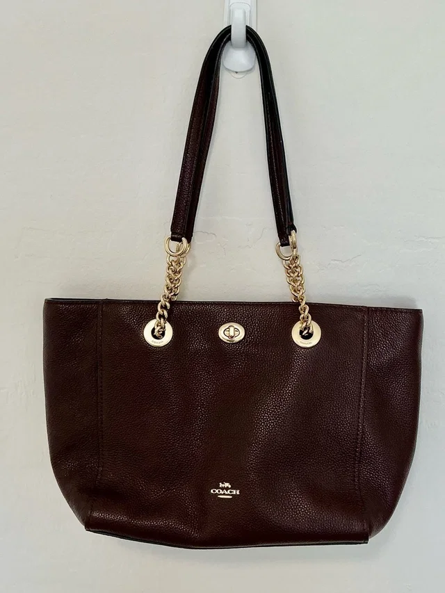 Coach Turnlock Chain Pebbled Leather Tote, Oxblood Brown # 57107 in brown|red Leather from Poshmark