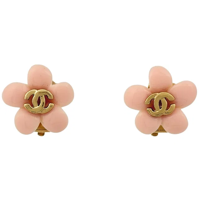 Chanel CC Logo Earrings Flower Gold Plated Pink in Pink from The Reluxe