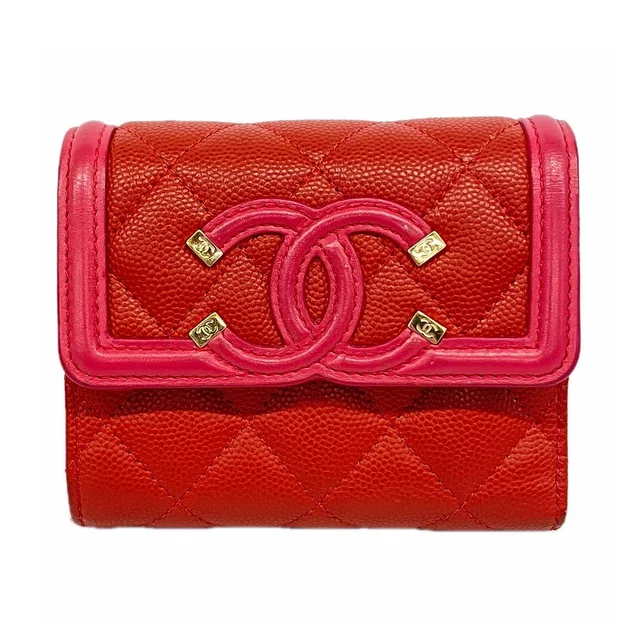 Chanel Trifold Wallet CC Filigree Caviar Leather Red Gold in Red Caviar leather from The Reluxe