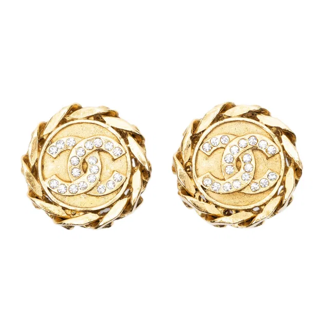 Chanel CC Rhinestone Chain Clip on Earrings Gold Plated in Gold from The Reluxe