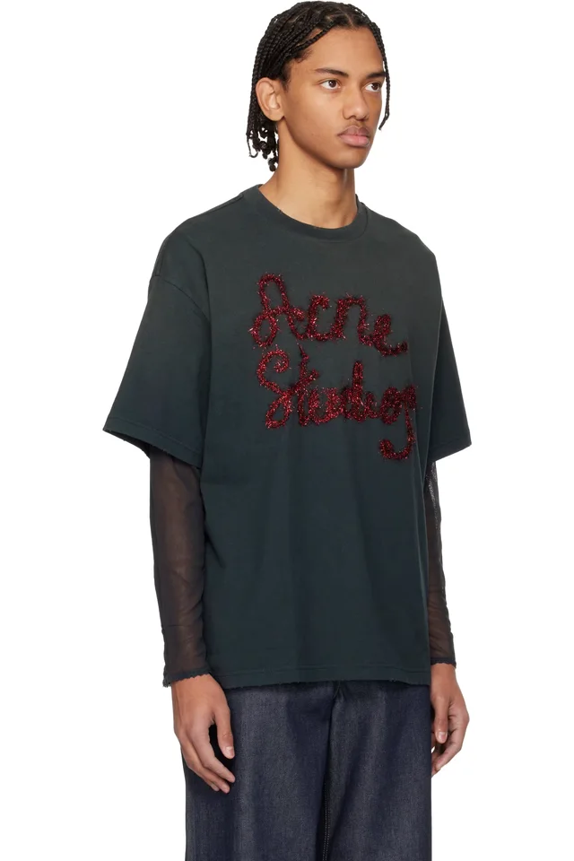 Acne Studios Gray Layered Logo T-shirt, photo 2 of 4 from SSENSE