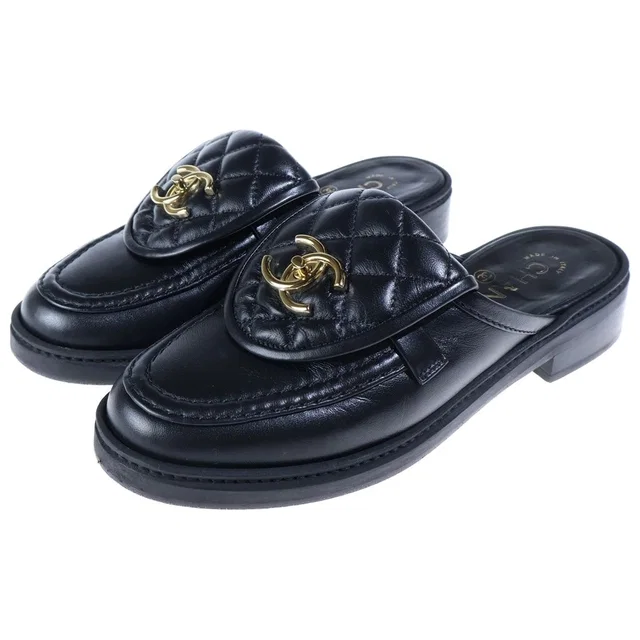 Chanel CC Logo Quilted Turnlock Leather Loafers Shoes Black Lambskin Gold in Black Lambskin from The Reluxe