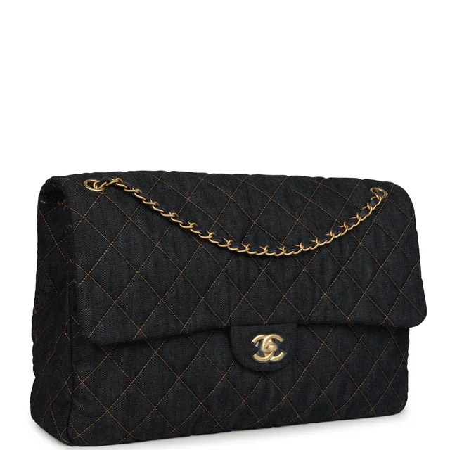 Chanel XXL Classic Single Travel Flap Bag Dark Blue Denim Brushed Gold Hardware in Blue Denim from Madison Avenue Couture, photo 2 of 10