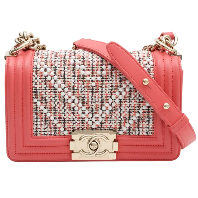 2019 Tweed Leather Boy Chanel Chain Shoulder Bag, Salmon Pink/Multi in Pink Tweed from VINTAGE QOO TOKYO