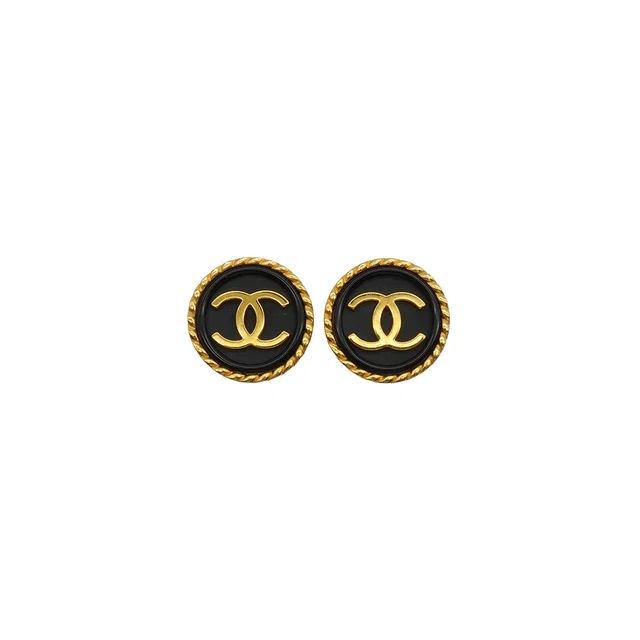 Chanel Vintage Earrings Round Cocomark Gold Black Accessory 96P in Black from Luxury Promise