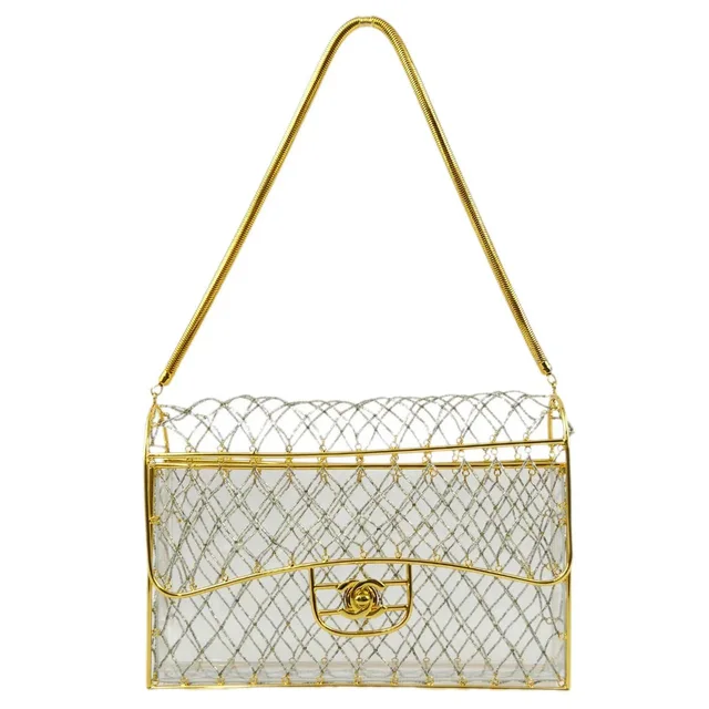 Chanel Clear Cage Bag in Lucite with Beading, Gold Tone Frame and Chain Strap in Gold Resin from AMORE Vintage Tokyo
