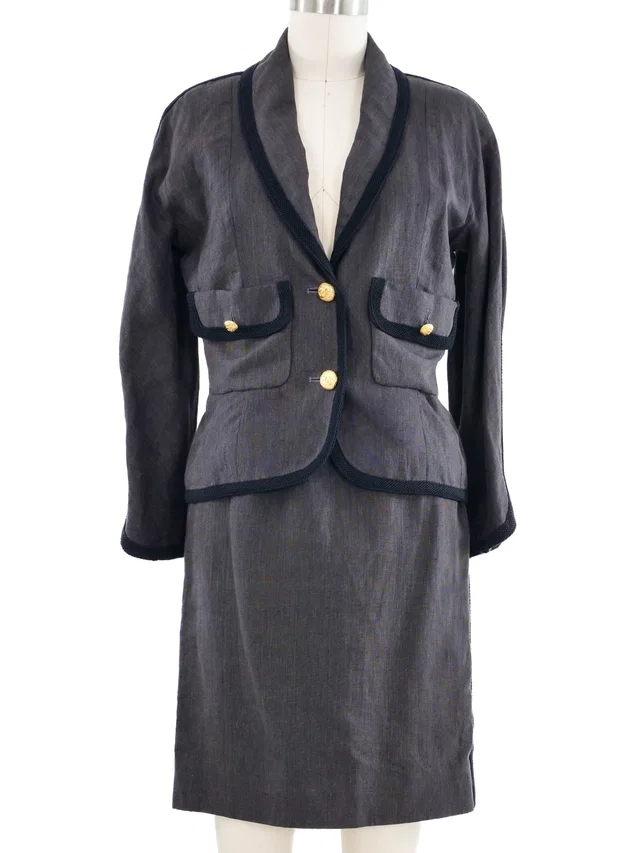 Chanel Braided Trim Skirt Suit in Silk from Arcade Vintage