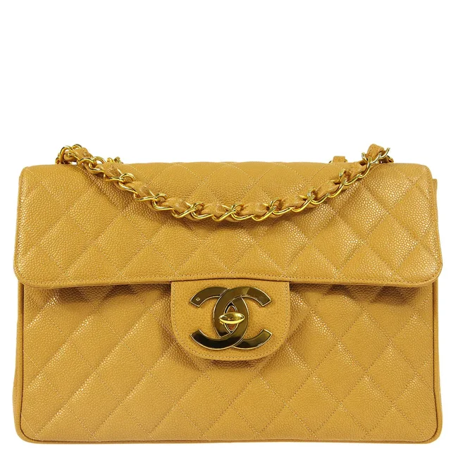 Chanel 1994-1996 Beige Caviar Jumbo Classic Flap Bag in Beige Caviar leather from AMORE Vintage Tokyo