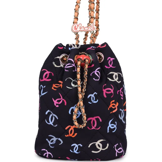 Chanel Medium CC Drawstring Backpack Multicolored Printed Fabric Light Gold Hardware in Multicolor Leather from Madison Avenue Couture