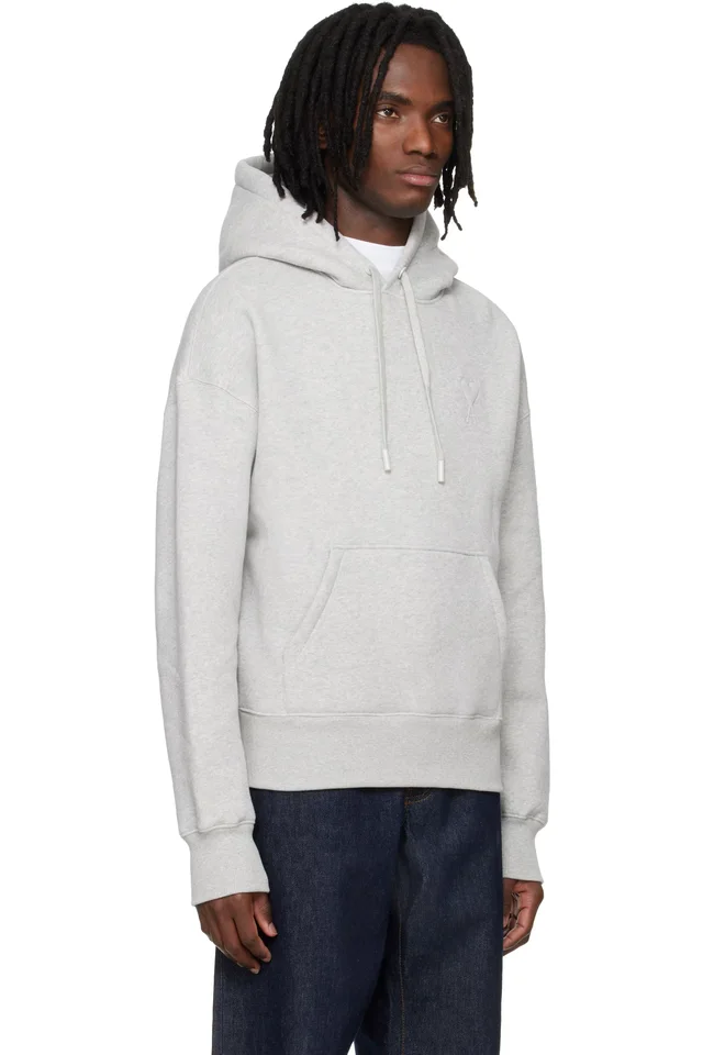 AMI Paris Grey Cotton Embossed Ami De Coeur Hoodie, photo 2 of 4 from SSENSE