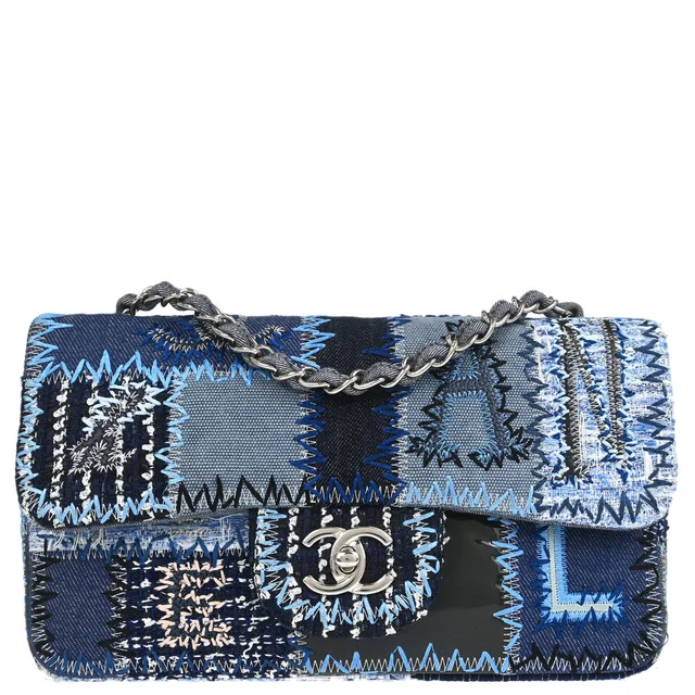 Chanel 2014-2015 Blue Tweed Patchwork Single Flap Shoulder Bag in Blue Tweed from AMORE Vintage Tokyo