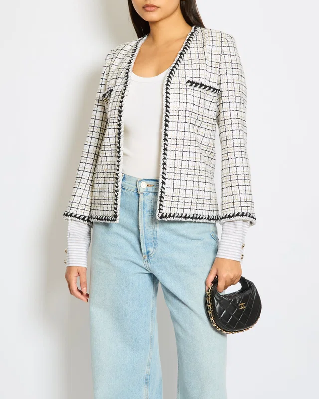 Chanel 24/C White, Black, Gold Check Tweed Jacket with Silver Black Trim Detail CC Button Size FR 36… in Black Tweed from Sellier