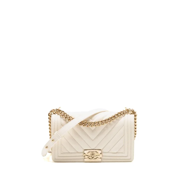 Chanel Medium Boy Bag Chevron Grained Calfskin White LGHW in White Caviar leather from EMIER