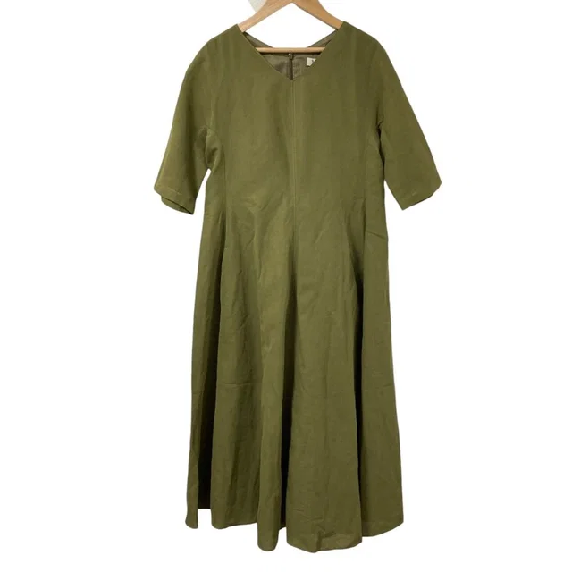 Max Mara S Cotton Linen Neck Flare Dress Khaki 38 in Green from The Reluxe