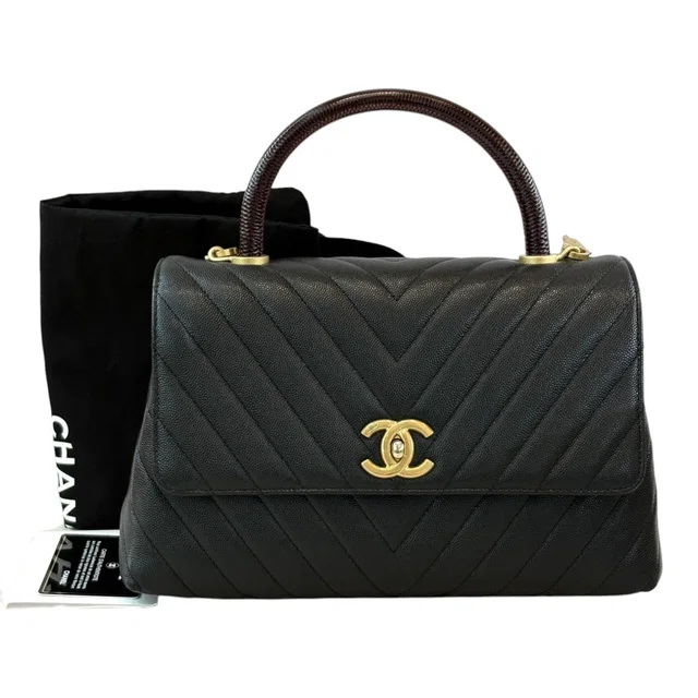 Chanel Medium Black Coco Handle with Lizard Handle and Chevron Stitching in Black Lizard from Luxury Promise