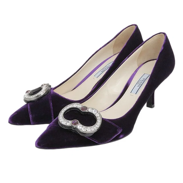Prada Velvet Crystal Bijoux Buckle Mules Pumps Purple Heel 37 in Purple Velvet from The Reluxe
