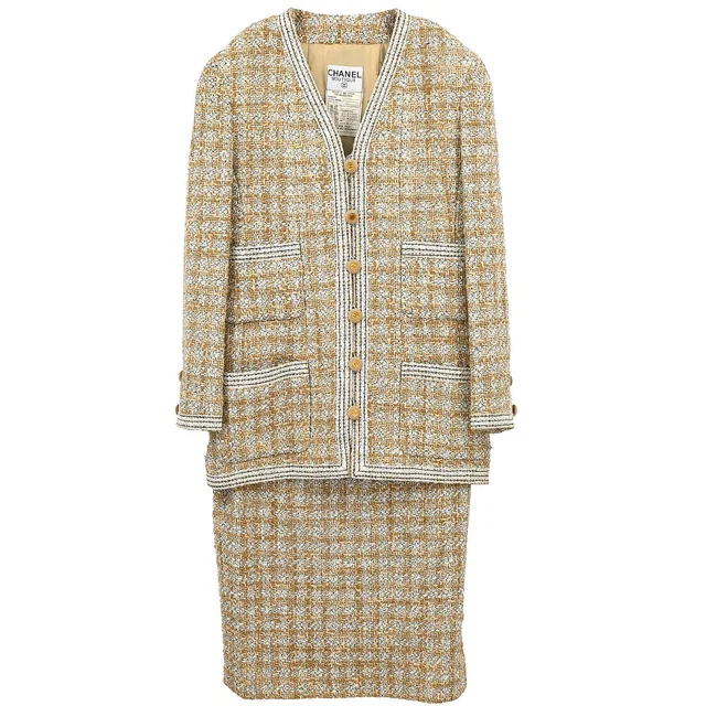 Chanel 1993 Setup Suit Jacket Skirt Tweed Brown #38 in Brown Tweed from AMORE Vintage Tokyo