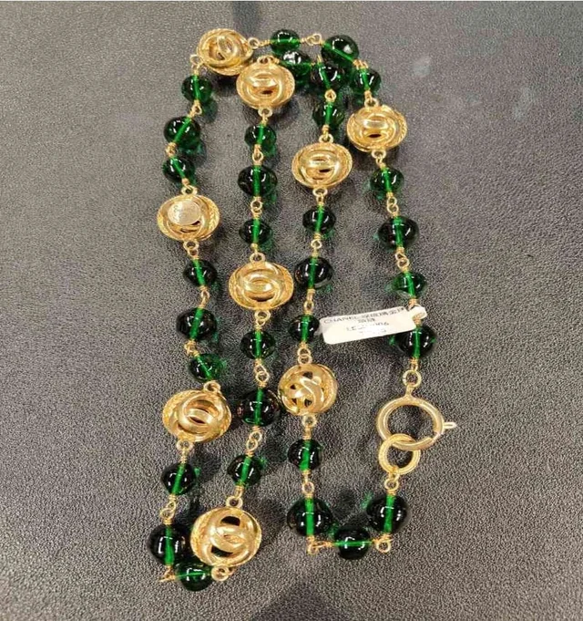 Chanel Green Glass Gold Ball Necklace in Green from Luxury Promise