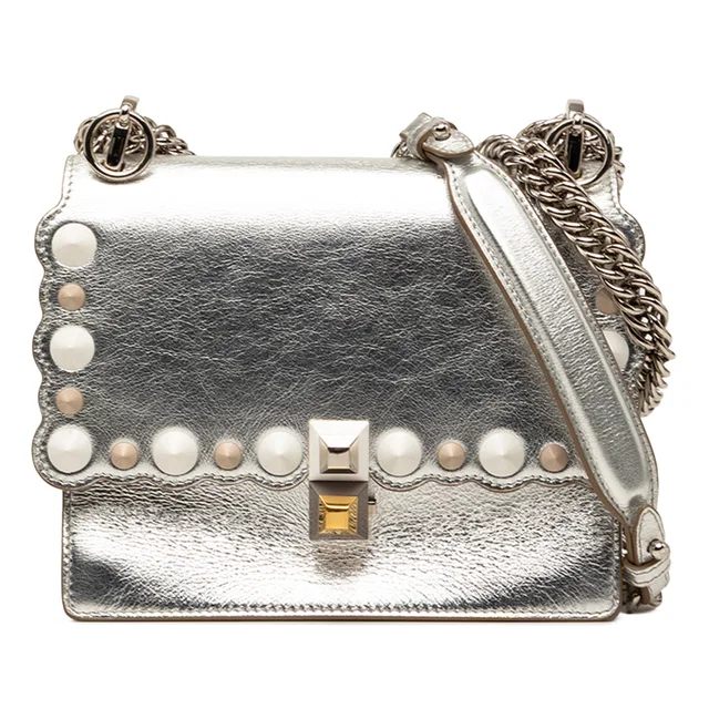Silver Fendi Mini Scalloped Metallic Leather and Pearls Kan I Crossbody in Silver Leather from Designer Revival