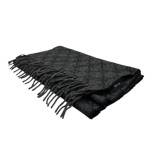 Gucci GG Gray Black Fringe Scarf in Black Cashmere from The Reluxe