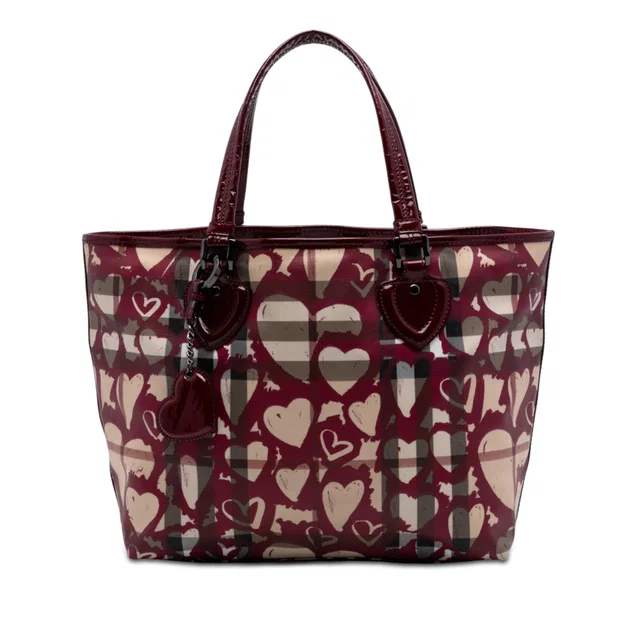 Red Burberry House Check Coated Canvas Hearts Gracie Tote in Red Coated canvas from Designer Revival